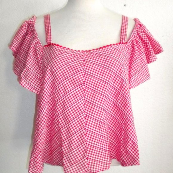 WALTER BAKER MS SIZES RED AND WHITE GINGHAM COLD SHOULDER CROP BLOUSE - Picture 1 of 7